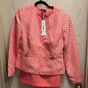 R&K Coral and White Patterned Blazer with solid skit- size 10 NWT